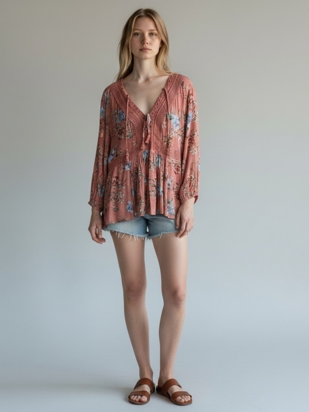 torrid Dusty Rose Floral Tie-Front Peasant Tunic